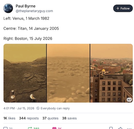 Comparison of 'smoky' images from Venus, Titan, and Boston