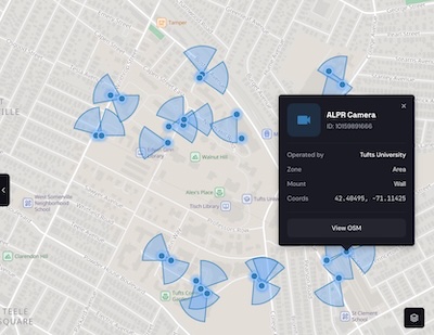 Deflock results around Tufts University in Massachusetts, 2026-Jul-23, showing 28 Tufts-owned ALPR cameras on all approaches to campus