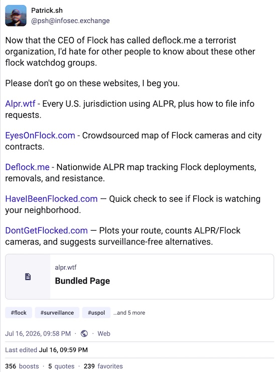Reaction to Flock CEO branding resistance as 'terrorism': lots more ways to find ALPRs Reaction to Flock CEO branding resistance as 'terrorism': lots more ways to find ALPRs