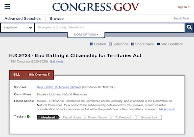Rep Griffith @ Congress.gov: HR 9724, ending birthright citizenship in US territories