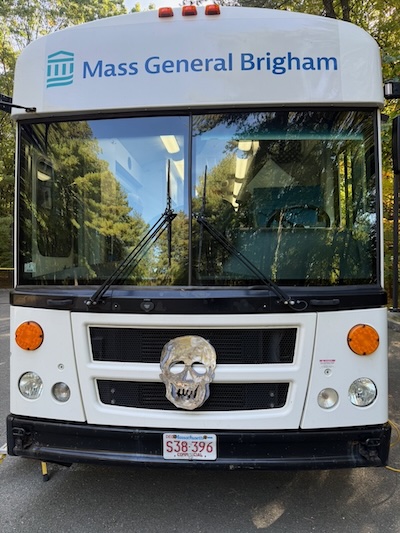 Bloodmobile with burnished stainless steel skull bowsprit sculpture
